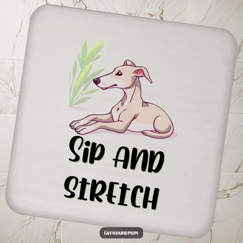 Funny Greyhound coaster, relaxed dog stretching in sun, serene drink accessory, humorous gift for home.