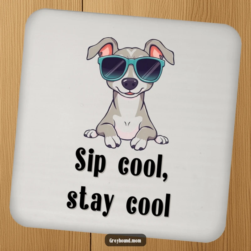 Funny Sunglasses Greyhound Coaster: Set of coasters with a dog wearing shades, relaxing, a humorous and cool funny gift.
