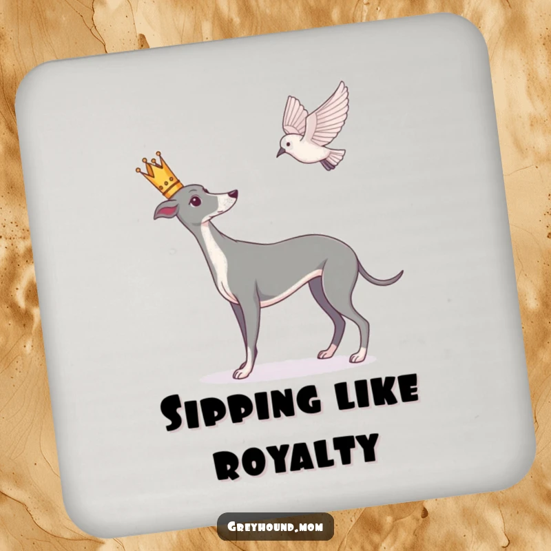 Funny Greyhound coaster, drink accessory with a crowned dog watching a bird, protects surfaces with style.