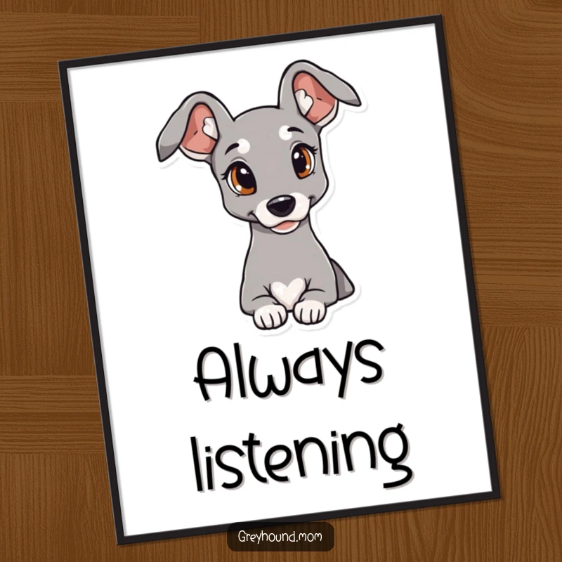 Funny Elegant Greyhound Poster with curious eyes and refined ears, humorous wall art gift.