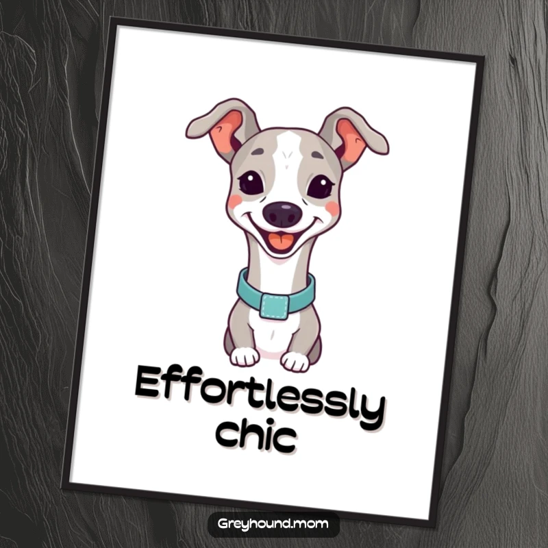Funny Greyhound happy poster, a smiling dog with an elegant collar, joyful art.