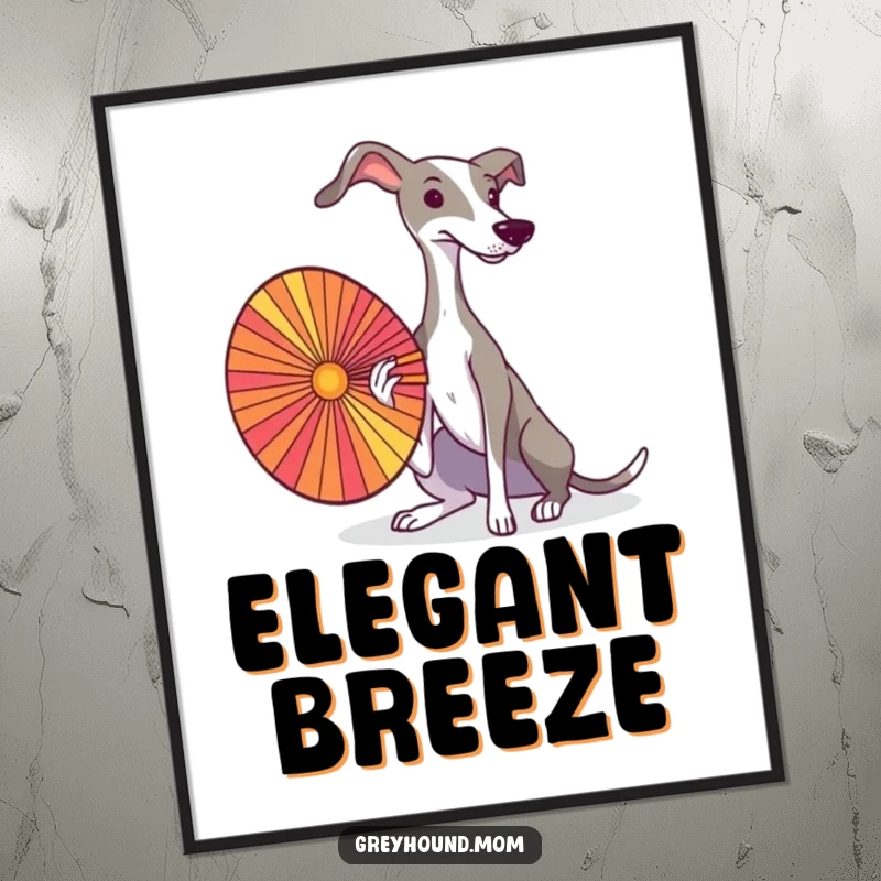 A graceful Greyhound elegantly fanning itself with a colorful fan, presented as a sophisticated wall art poster.