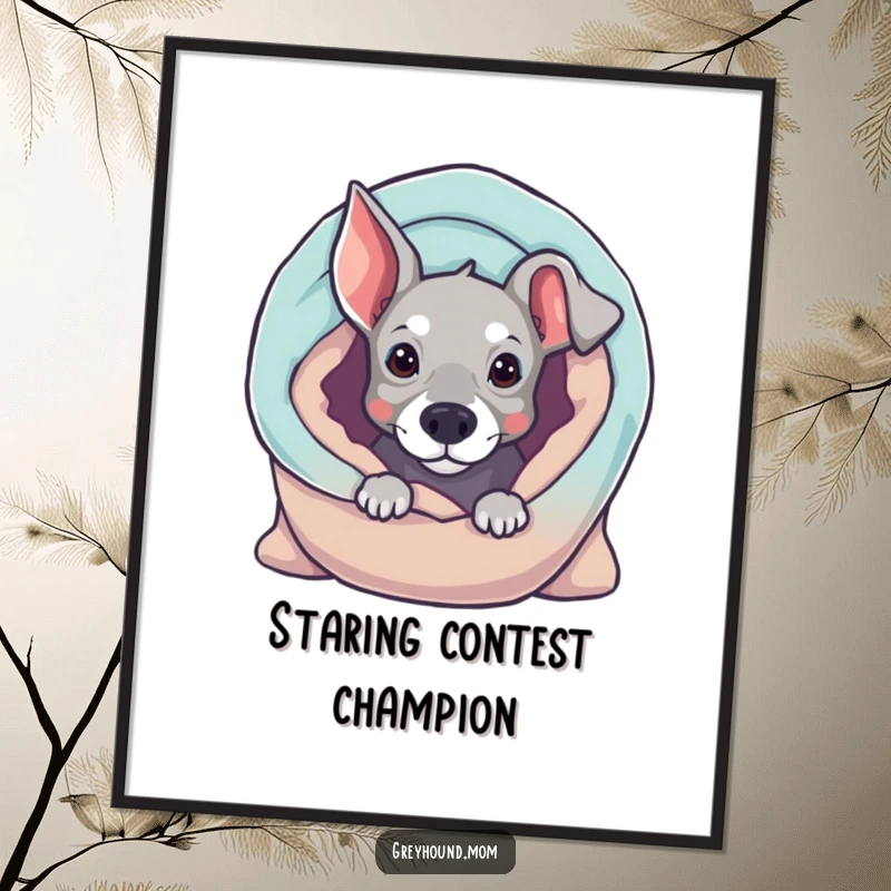 Funny Greyhound poster, curious dog peeking from a cozy blanket, cute wall art, humorous gift for home decor enthusiasts.