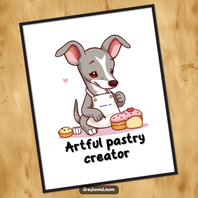 Funny Greyhound baker poster art depicting a slender dog in an apron, meticulously decorating a tiny pastry with artistic focus.