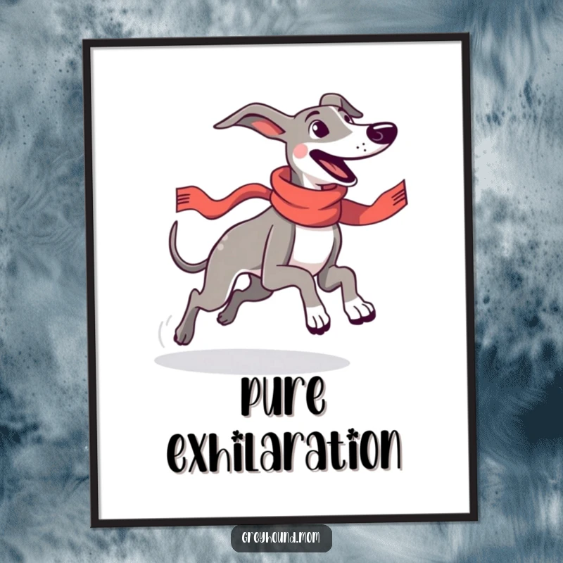 Funny Greyhound with a sleek racing scarf, running ecstatically with pure joy, presented as dynamic and humorous wall art.