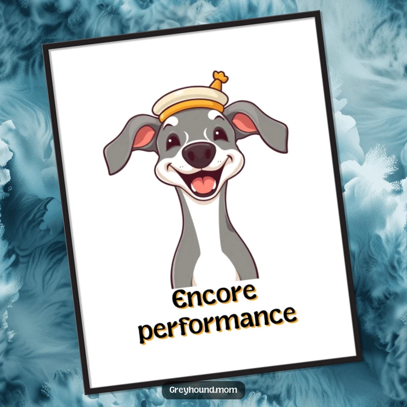 Funny Greyhound wearing a miniature opera hat, joyful grin, elegant and humorous wall art.
