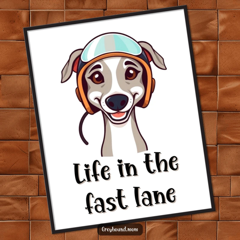 Funny poster illustration of a determined Greyhound dog smiling while wearing a tiny racing helmet, embodying speed and focus.