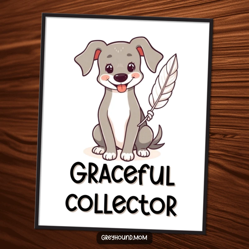 Funny Greyhound poster, art print of a smiling dog holding a single, graceful feather, serene and heartwarming.