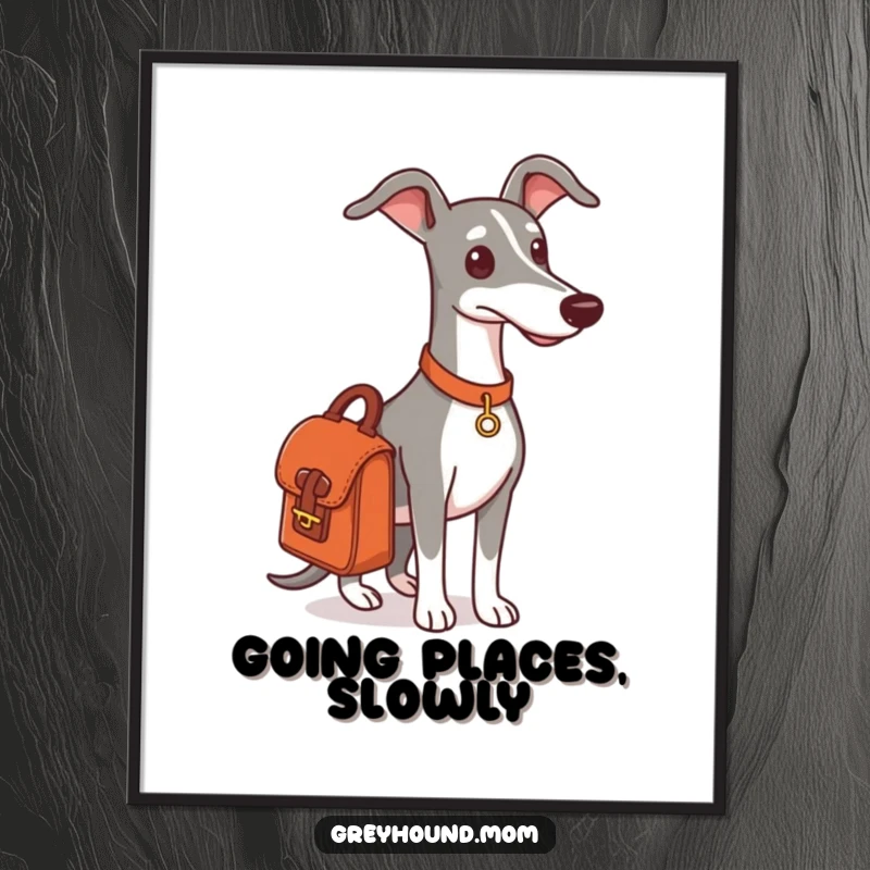 Funny Greyhound outing poster, a dog with a satchel, ready for a journey.