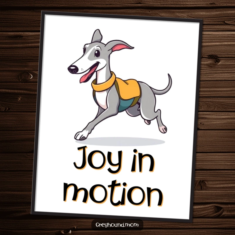 Funny poster of an energetic Greyhound in a sporty vest, joyfully trotting as a vibrant wall art.