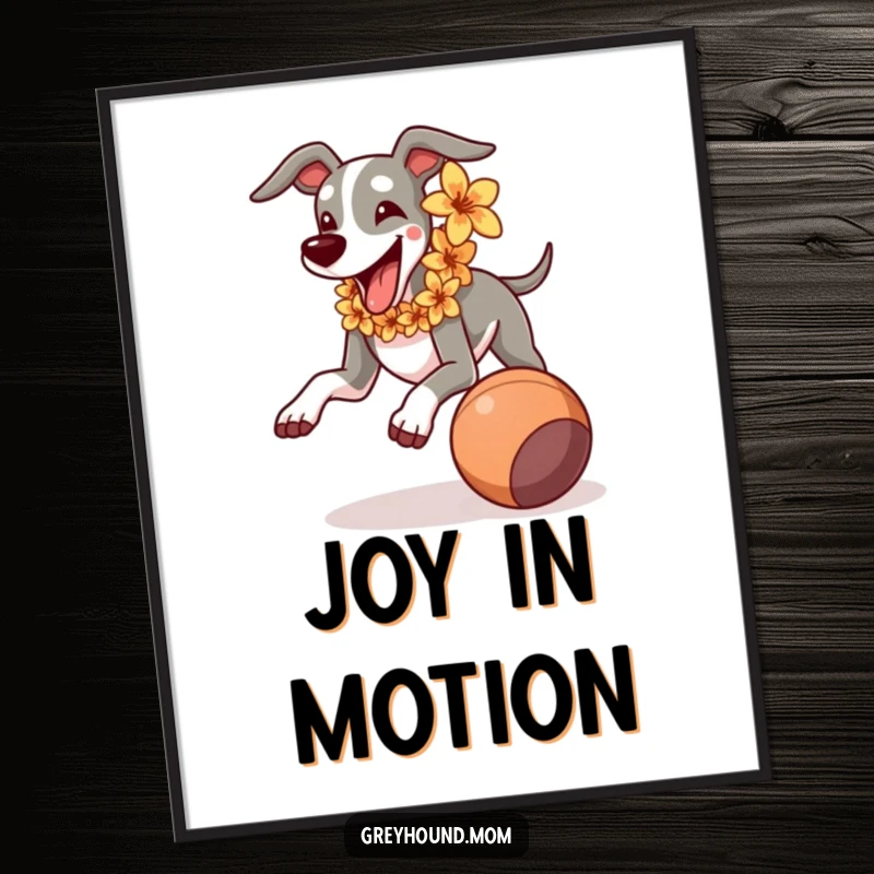 Funny Greyhound with a flower lei, joyfully running, chasing a rolling ball, vibrant and humorous wall art.