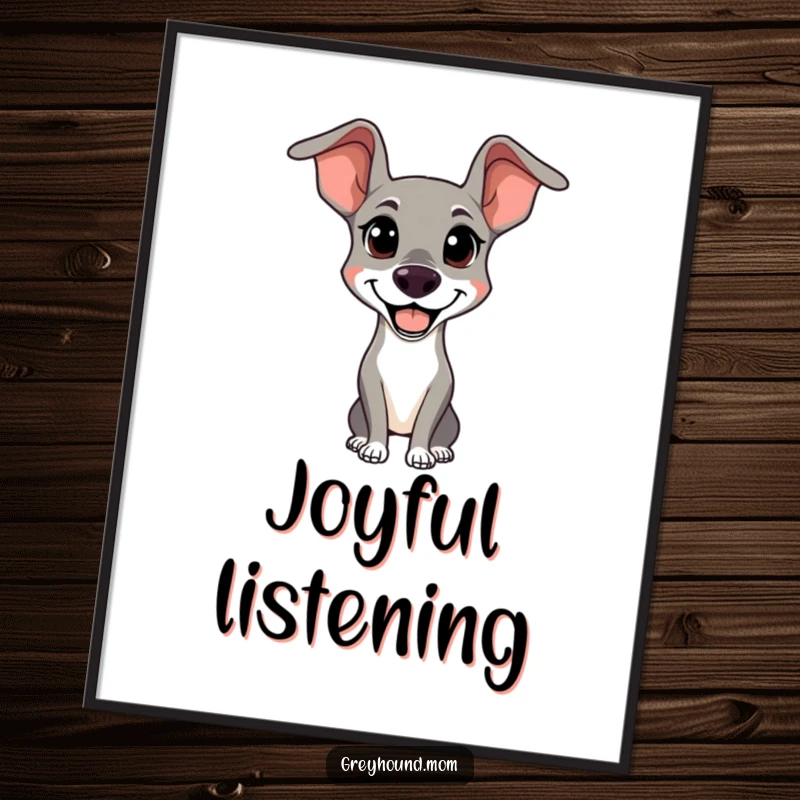 Funny Alert Greyhound Poster: Wall art of a happy, alert dog with sleek ears, a delightful funny gift.