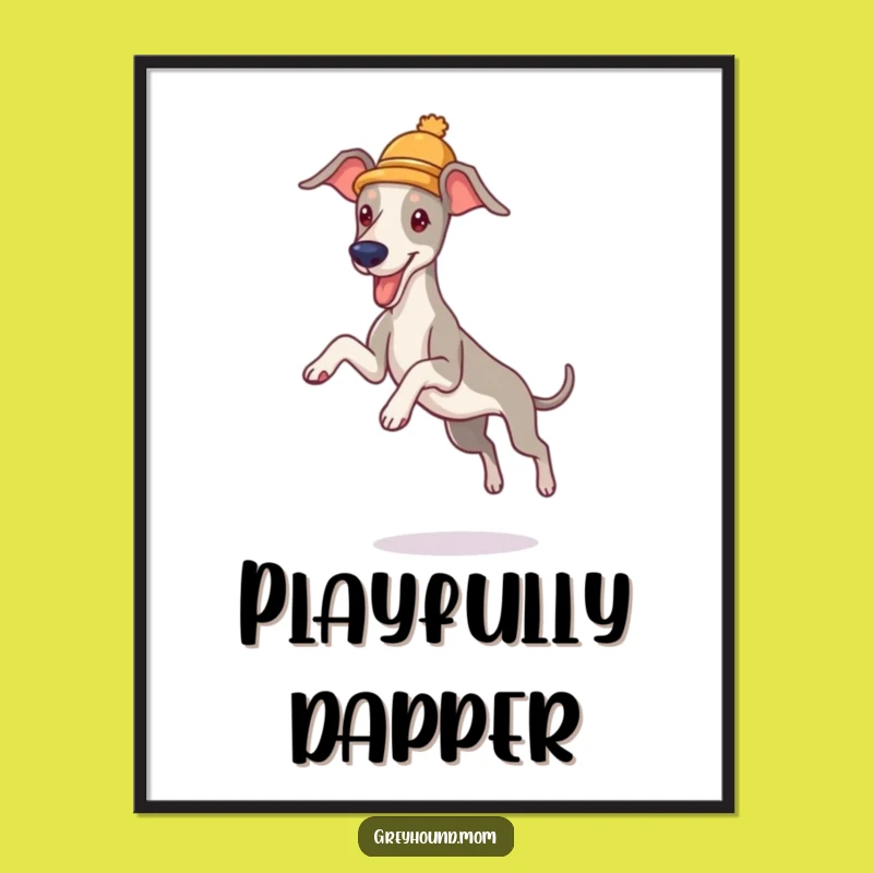 Funny Greyhound Hat Poster - Whimsical Playful Leaper Wall Art Gift