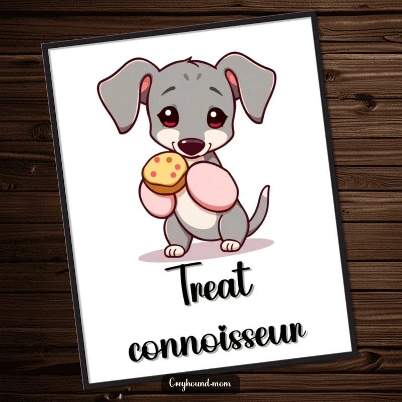 Funny Greyhound poster artwork, dog in oven mitts holding a tasty treat, looking pleased and proud. Great funny gift for pet owners.