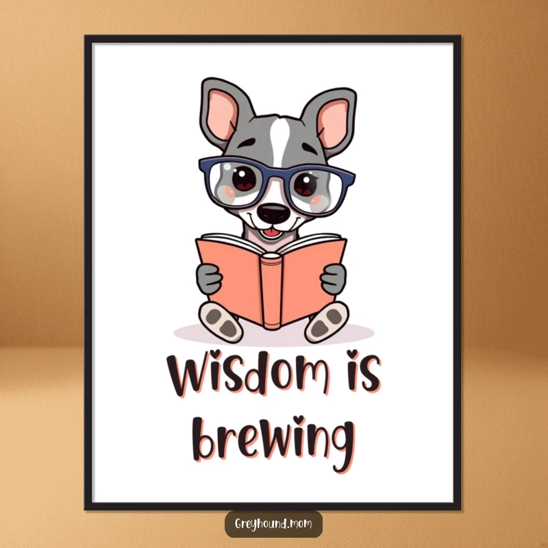 Funny Greyhound wearing reading glasses, enthusiastically reading a book, presented as charming literary wall art.