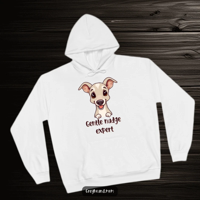 Funny Greyhound hoodie showing a cheerful dog offering a gentle, elegant head nudge, providing warmth and stylish humor.