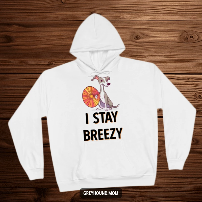 A graceful Greyhound fanning away the heat with a colorful fan, depicted on a soft and stylish hoodie.