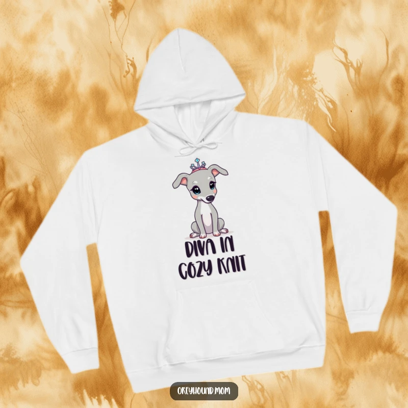 Funny Greyhound hoodie, dog adorned with a tiny tiara, posing elegantly and gracefully. Perfect funny gift for pampered pet parents.