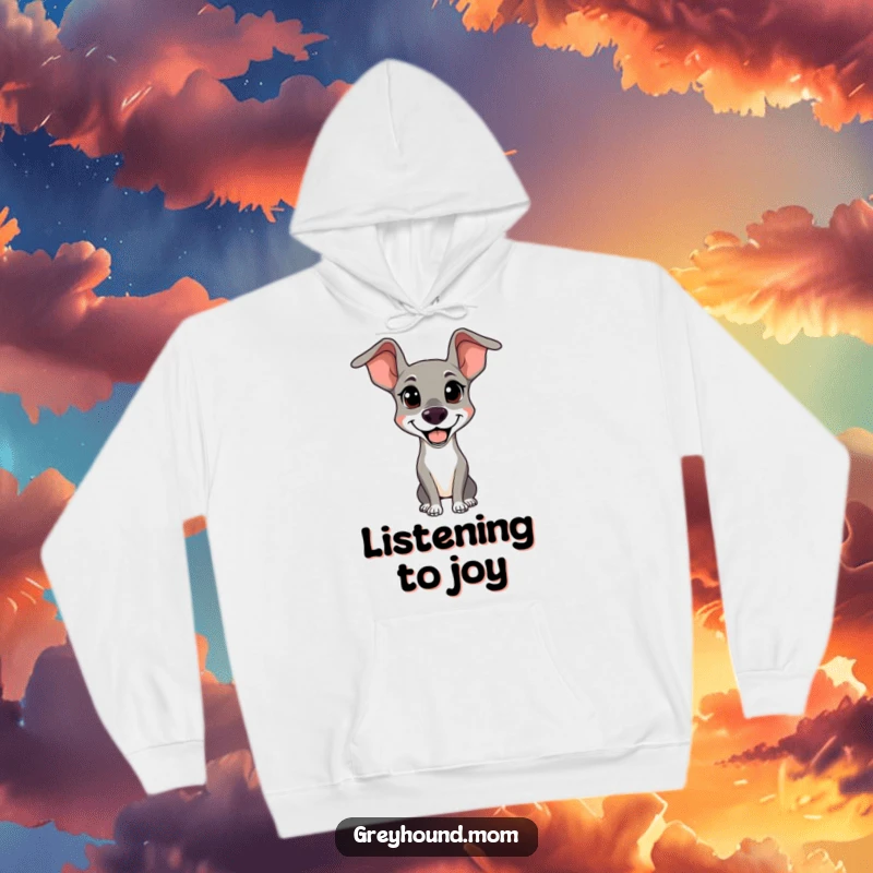 Funny Alert Greyhound Hoodie: A comfortable sweatshirt with a happy dog, looking alert, a cozy funny gift.