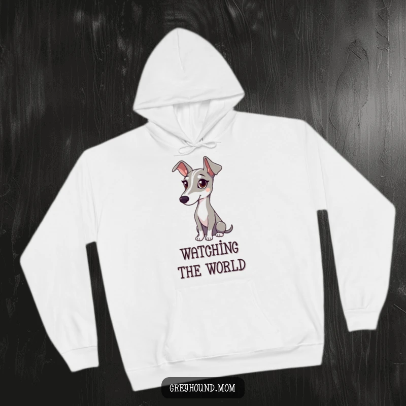 Funny hoodie depicting a Greyhound with a gentle gaze, attentively observing the world around it.