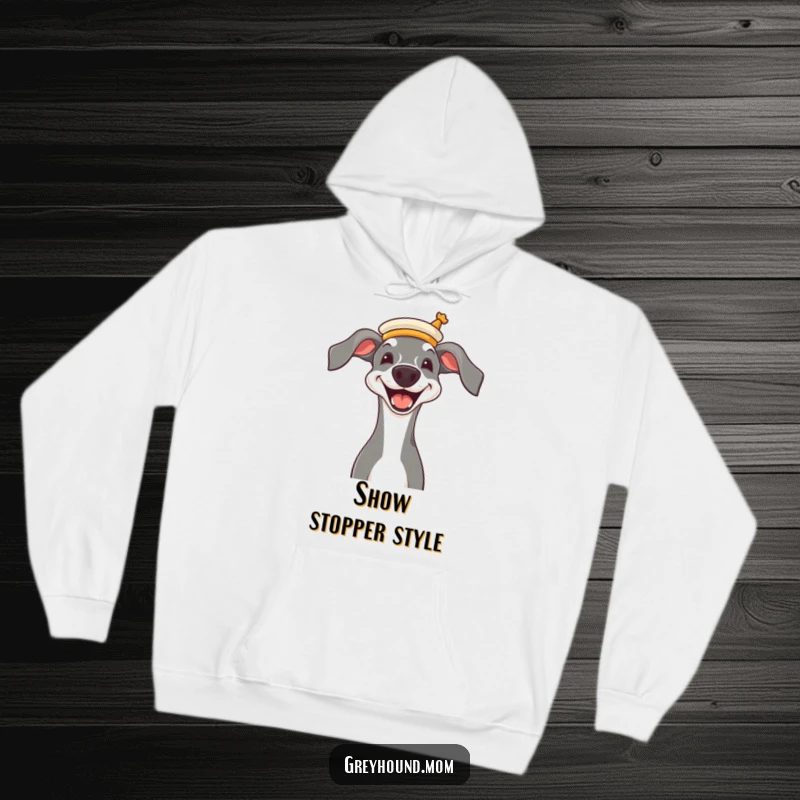Funny Greyhound wearing a miniature opera hat, joyful grin, warm and humorous hoodie.