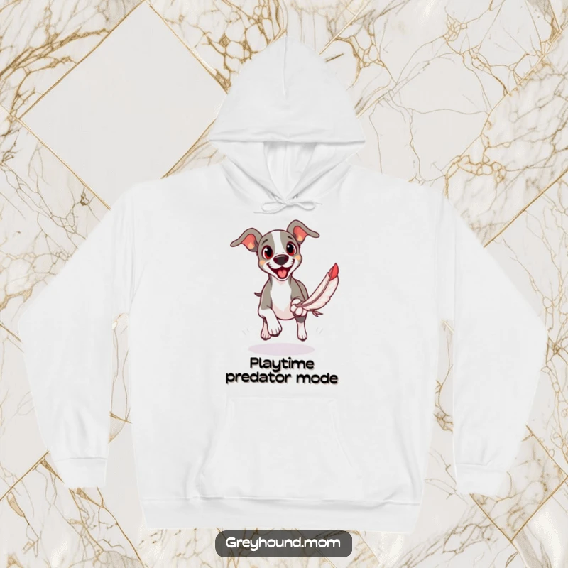 Funny hoodie showing a focused Greyhound with eager eyes, locked onto a feather toy during a playful chase.
