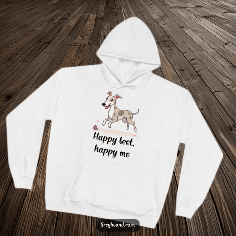 Funny hoodie depicting a Greyhound happily prancing and enjoying its surroundings with evident glee.