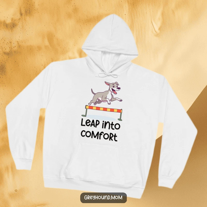 Funny Greyhound hoodie, a happy large sighthound joyfully leaping over a small hurdle, perfect for cozy activewear.