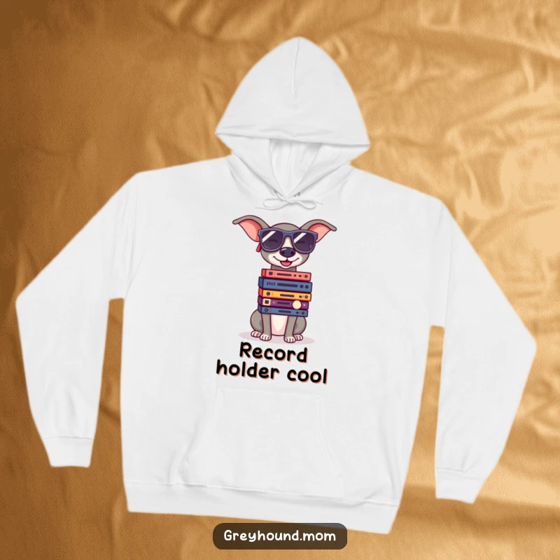 Funny Greyhound wearing oversized sunglasses, balancing a stack of small records, warm and humorous hoodie.