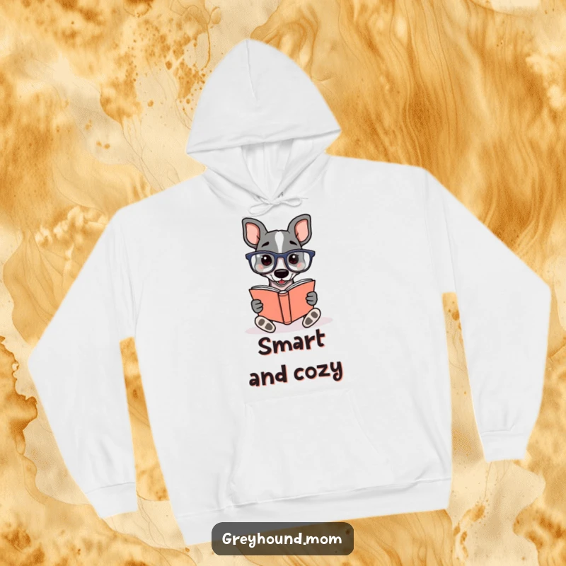 Funny Greyhound with reading glasses, enthusiastically reading a book, featured on a warm hoodie for cozy literary sessions.