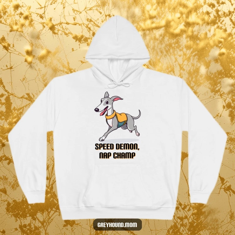 Funny hoodie depicting a happy, sporty Greyhound in a vest, trotting along with infectious enthusiasm.