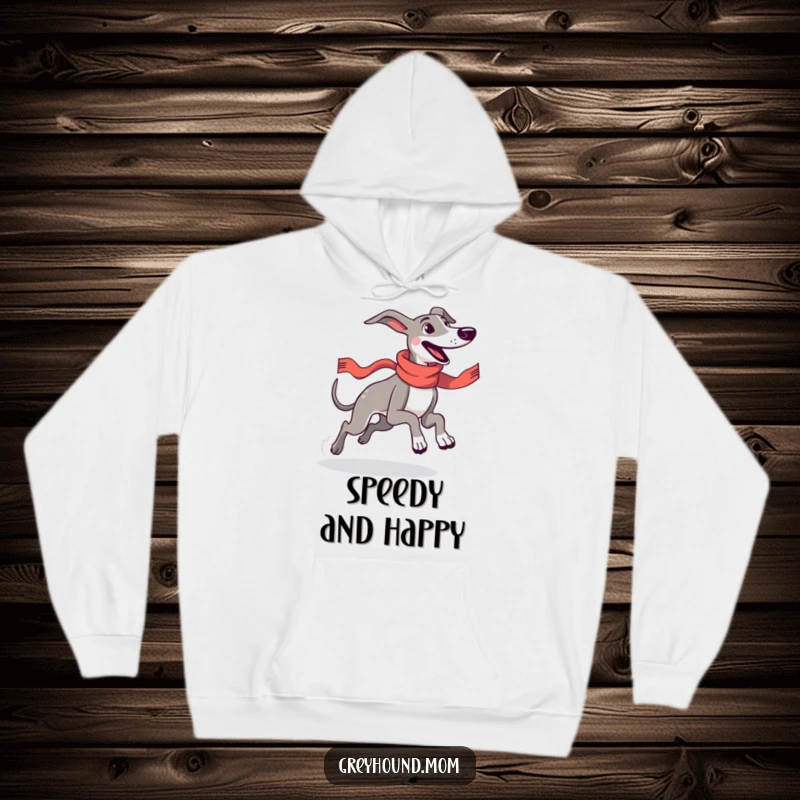 Funny Greyhound in a sleek racing scarf running with immense joy, featured on a warm hoodie, perfect for cozy, happy moments.
