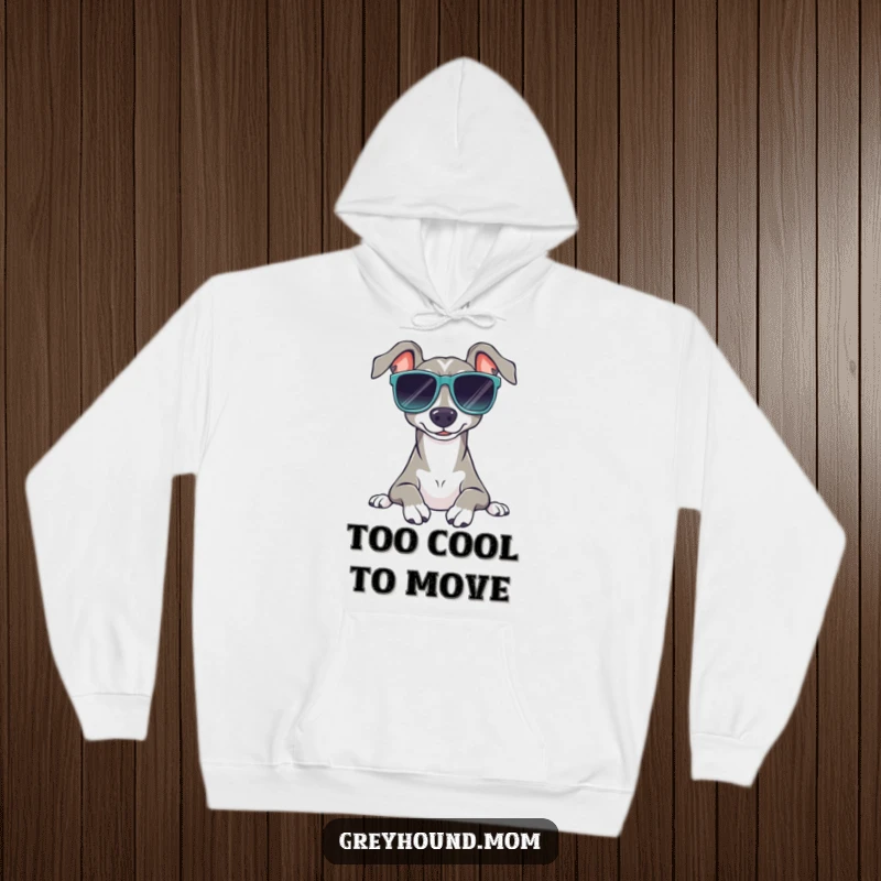 Funny Sunglasses Greyhound Hoodie: A warm hoodie with a dog in shades, relaxing peacefully, a comfy funny gift.
