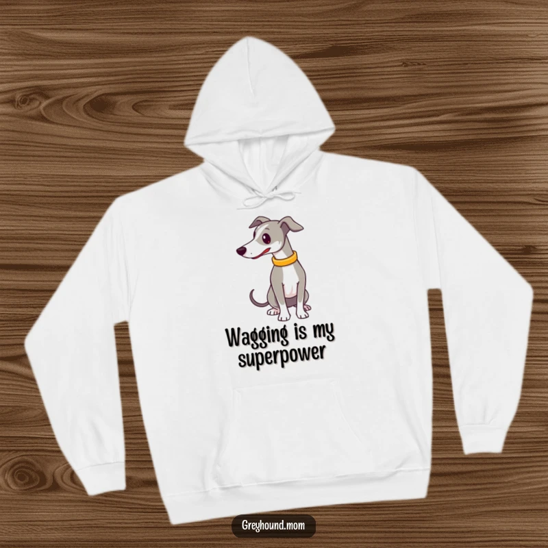 Funny Hoodie: A comfortable Greyhound with a polished collar is depicted mid-tail wag, conveying warmth and pure excitement.
