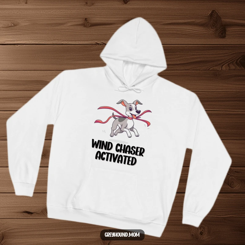 Funny Greyhound Hoodie showing a playful chase of a colorful ribbon, a cozy and humorous gift.