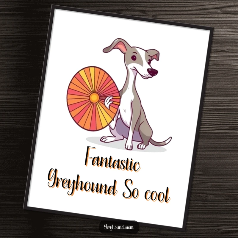 Elegant Free Printable Wall Art: A graceful Greyhound fans itself with a colorful fan, creating a sophisticated and stylish decor piece.
