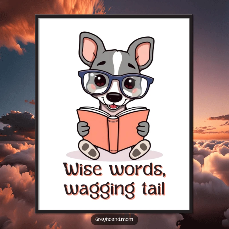 Funny Free Printable Greyhound Wall Art: Dog wearing reading glasses, deeply engrossed in reading a book with enthusiasm.