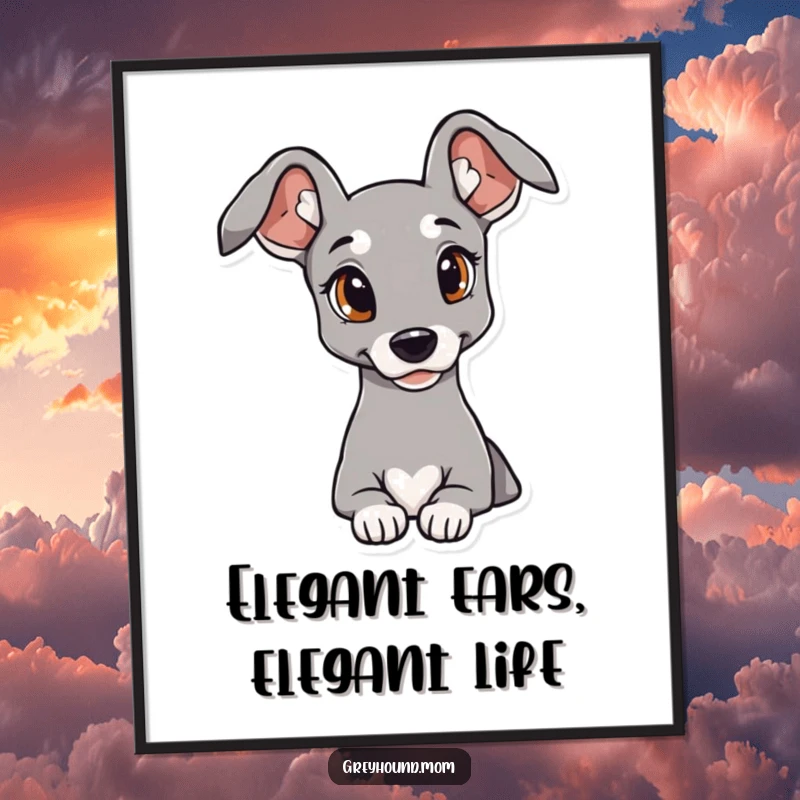 Funny Free Printable Wall Art: Cute Greyhound with elegant ears looking curiously, perfect downloadable art for your home.