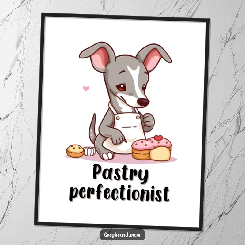 Funny Free Printable Wall Art: Greyhound dog in a tiny apron artfully decorating a small pastry, a charming and humorous kitchen or bakery piece.
