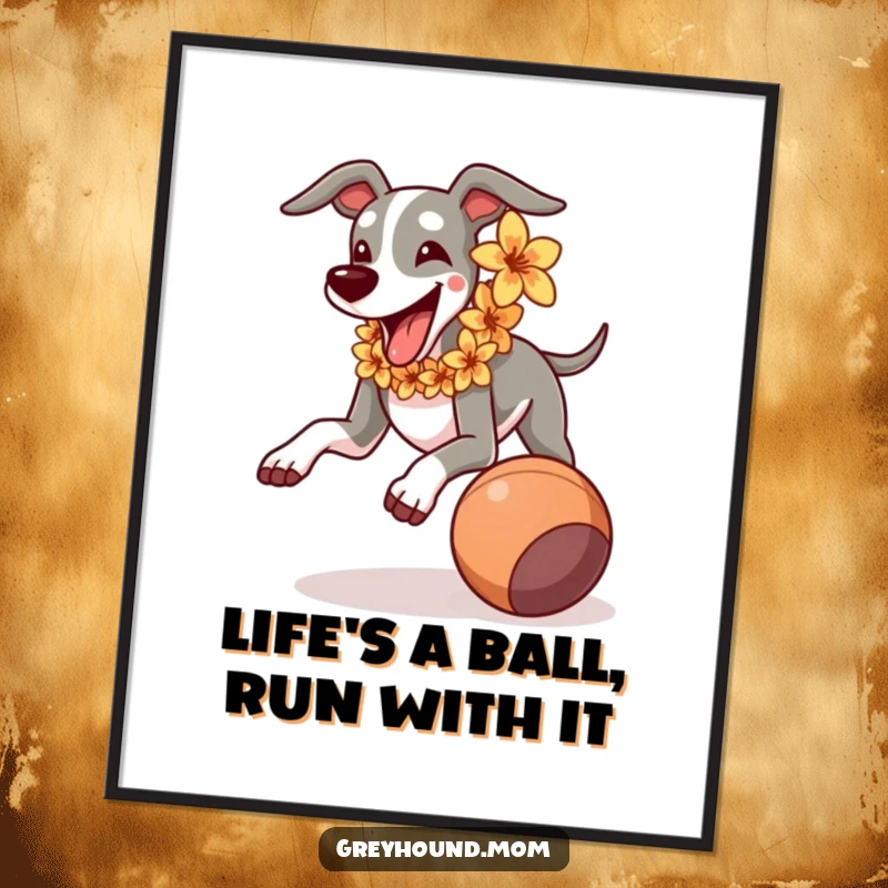 Funny Free Printable Wall Art: Greyhound in a lei, joyfully sprinting after a ball, vibrant art