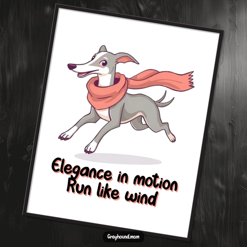 Funny Free Printable Wall Art: Greyhound with flowing scarf running gracefully, a dynamic and elegant canine art piece.