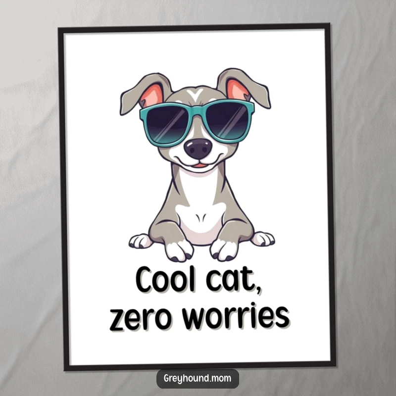 Funny Free Printable Wall Art: Greyhound wearing oversized sunglasses relaxes peacefully, a serene and stylish canine artwork.