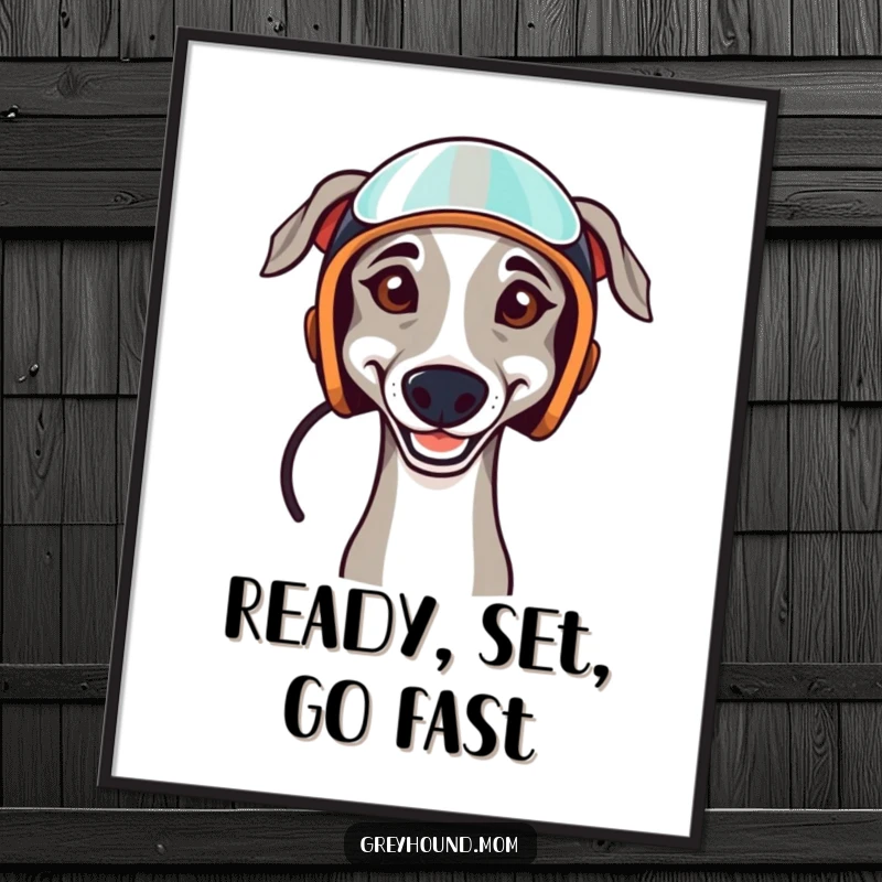Funny Free Printable Wall Art: Determined Greyhound wearing a tiny racing helmet, grinning with competitive spirit.