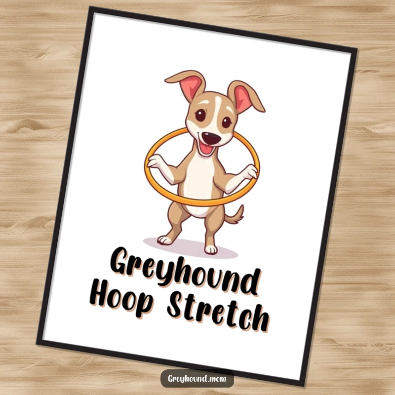 Funny Free Printable Wall Art: A lanky Greyhound comically tries to hula hoop with a tiny hoop, creating a humorous and unique decor piece.