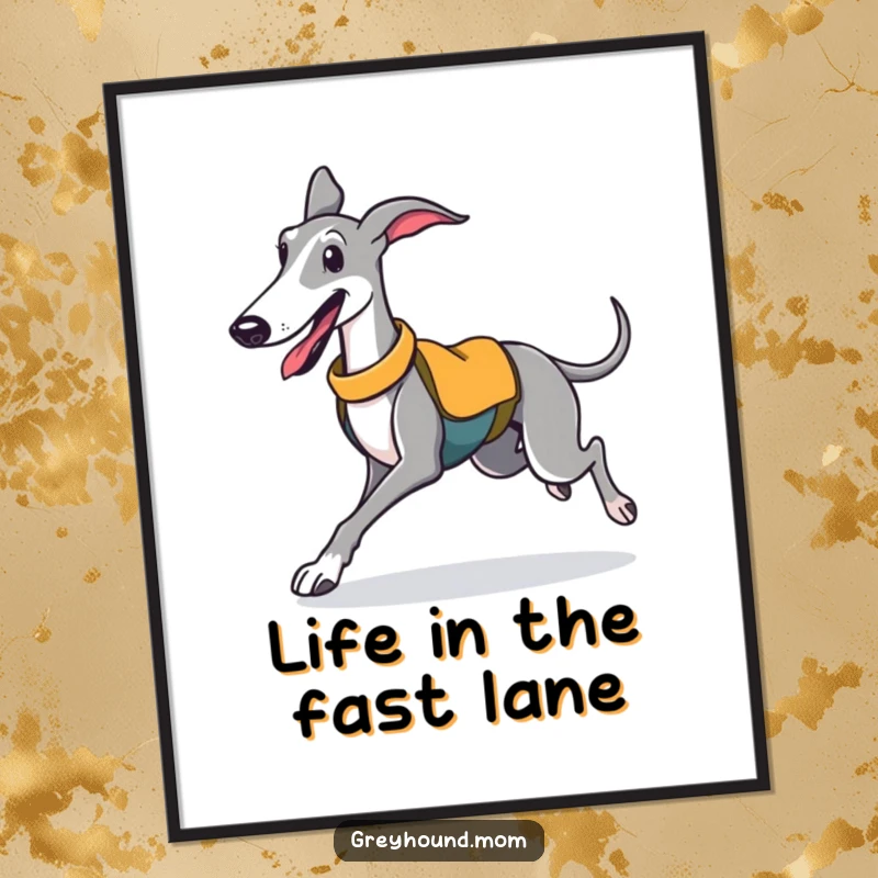 Funny Free Printable Wall Art: A happy Greyhound wearing a sporty vest trots with pure zest and energy