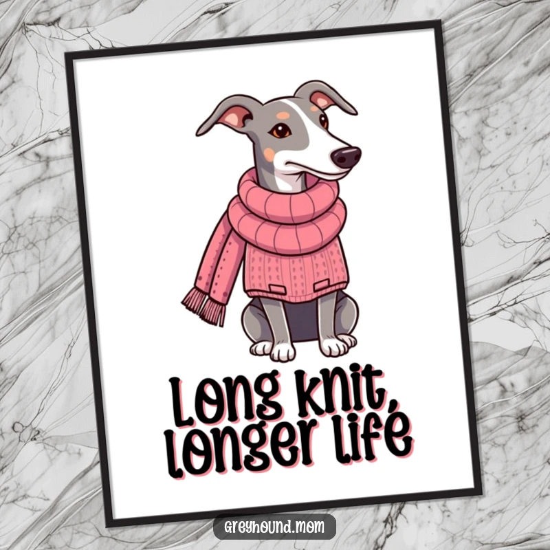 Funny Free Printable Wall Art: A Greyhound wearing a cozy sweater knits a long scarf, bringing warmth and humor.