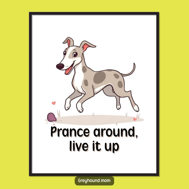 Free Printable Wall Art: Happy Greyhound Prance, Funny Downloadable Dog Art for Cheerful Spaces