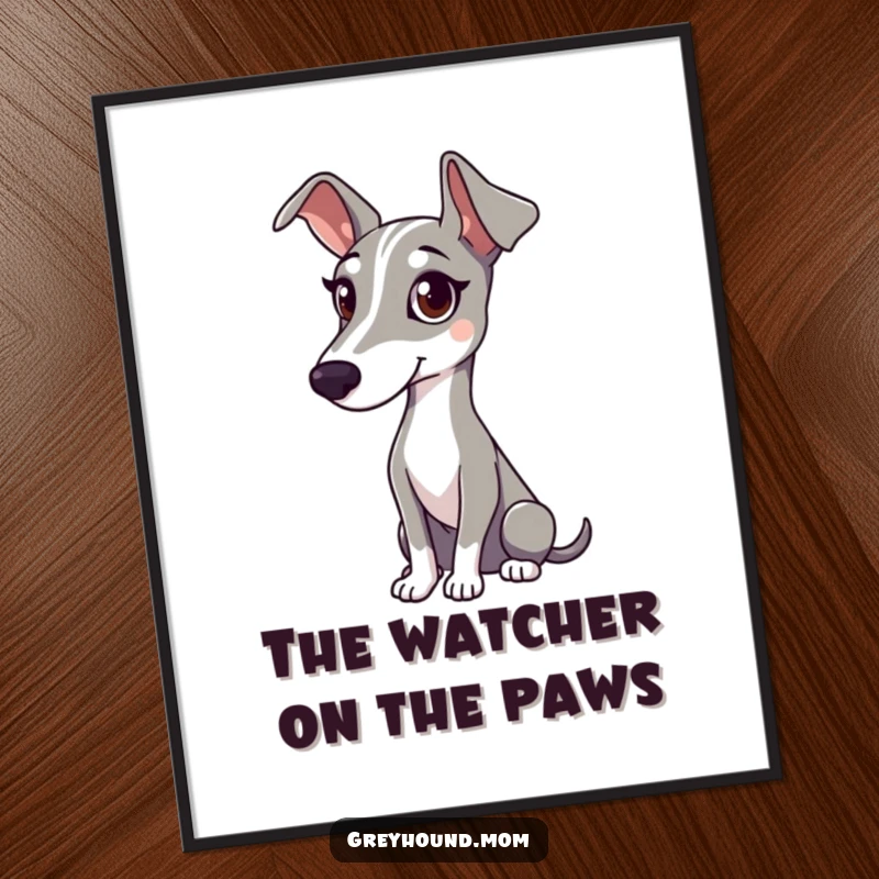 Funny Free Printable Wall Art: A Greyhound with a gentle gaze watches attentively with a calm demeanor