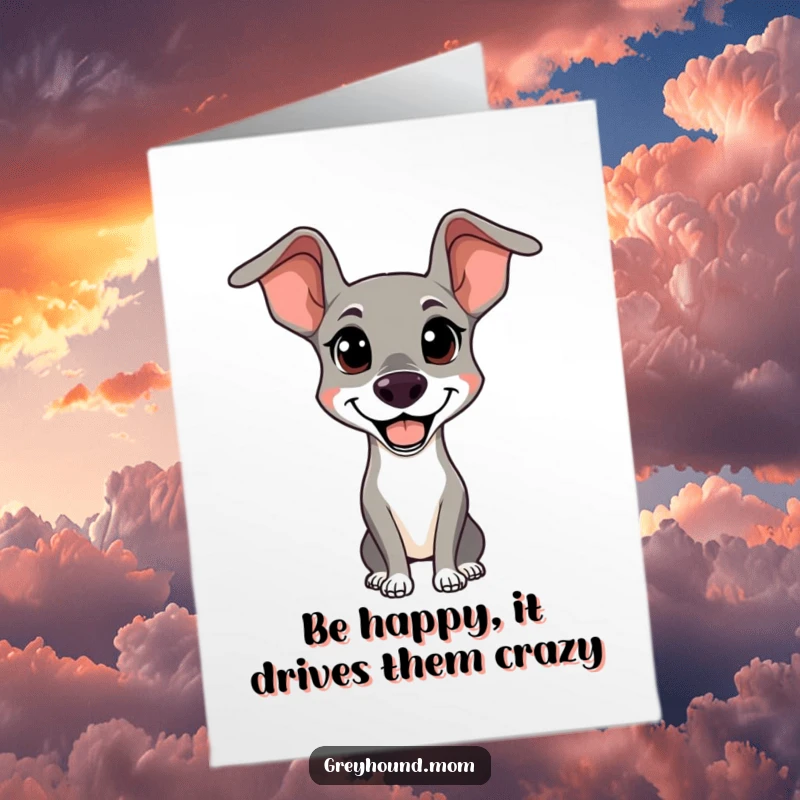 Funny Free Printable Birthday Card: Greyhound with sleek ears looking alert and happy, a joyful dog birthday.