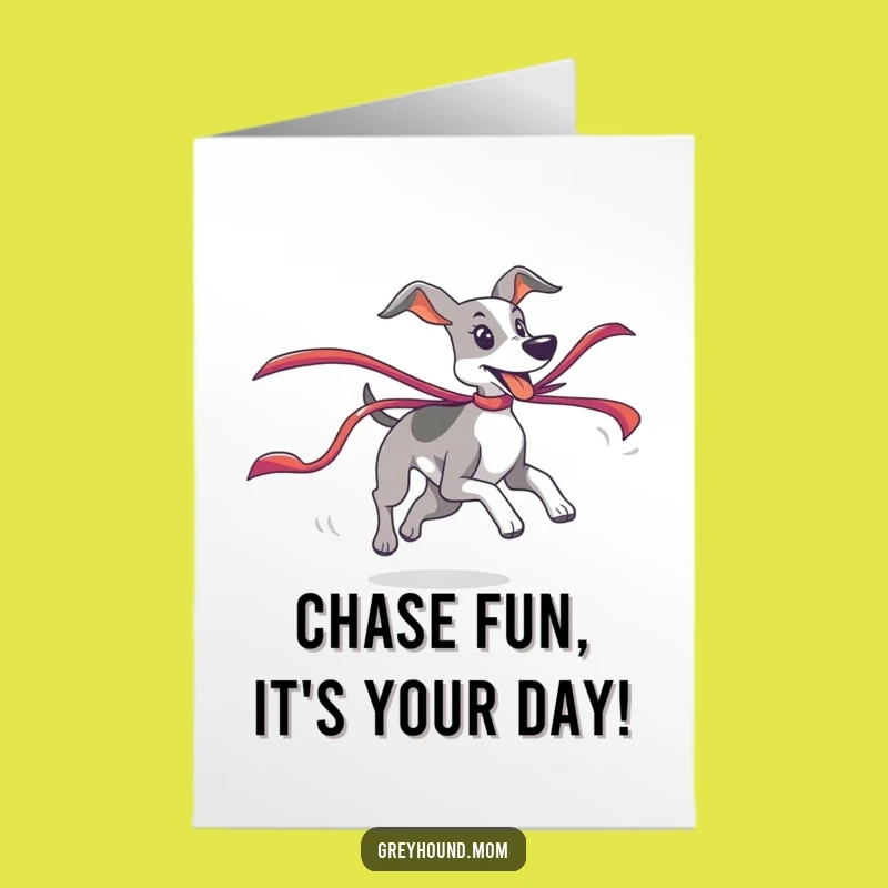 Free Printable Birthday Card: Greyhound Chasing Ribbon, Fun Design, Downloadable Gift
